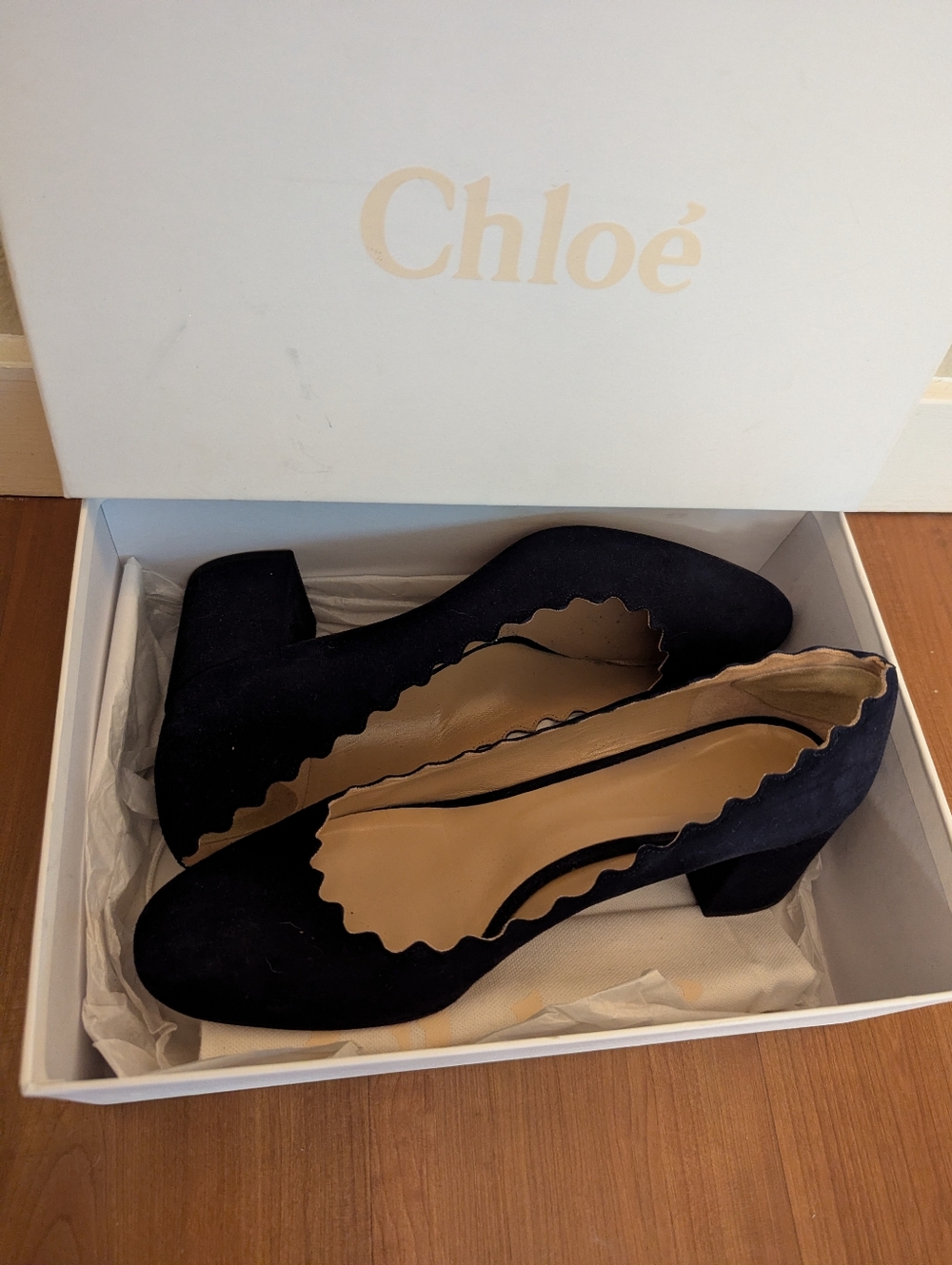 Chloe Navy Scalloped Suede Block Heel Pumps